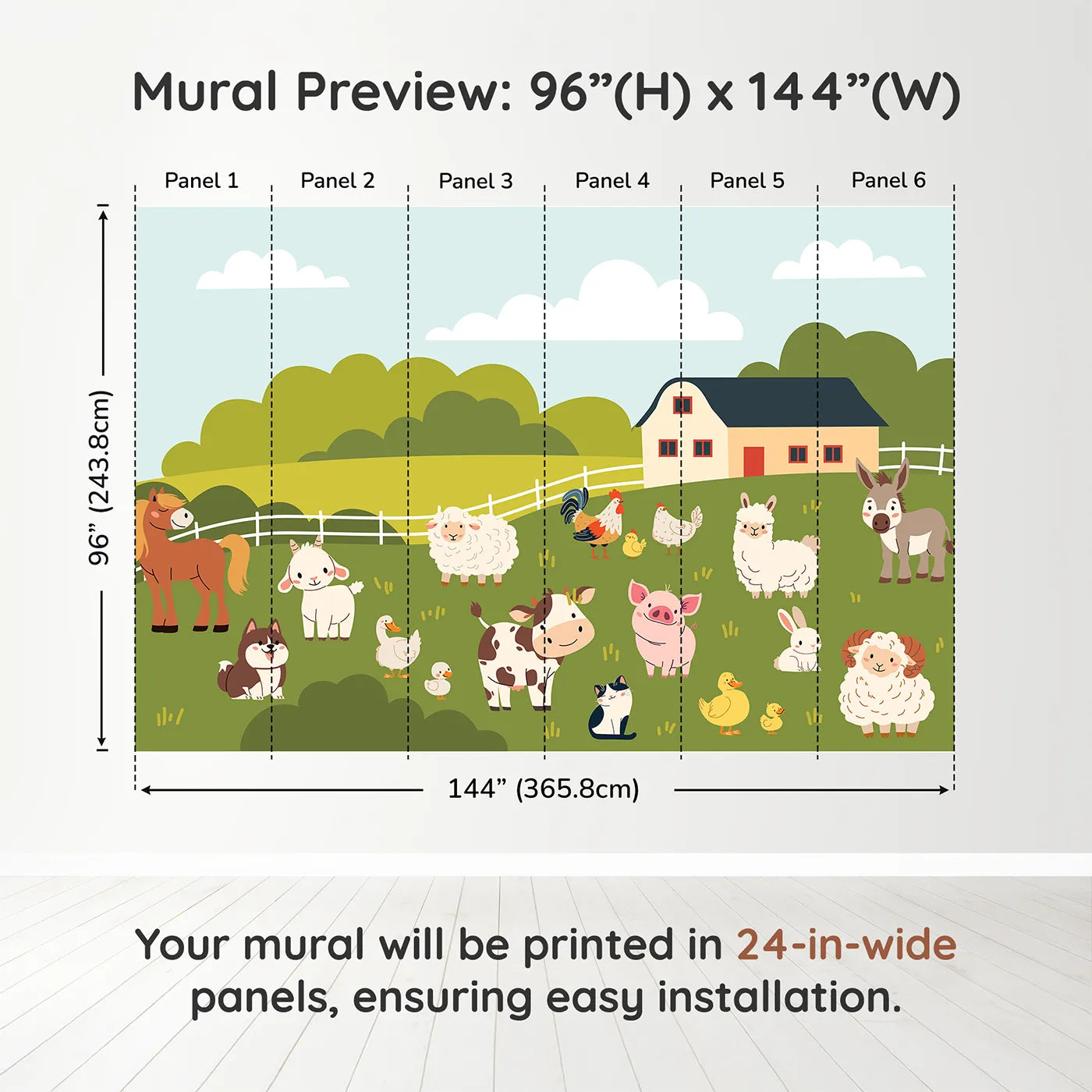 Whimsy Tots Happy Farm Friends Wall Muraldimension view (96" H x 144" W). Printed in six 24-inch-wide panels. Gender-Neutral