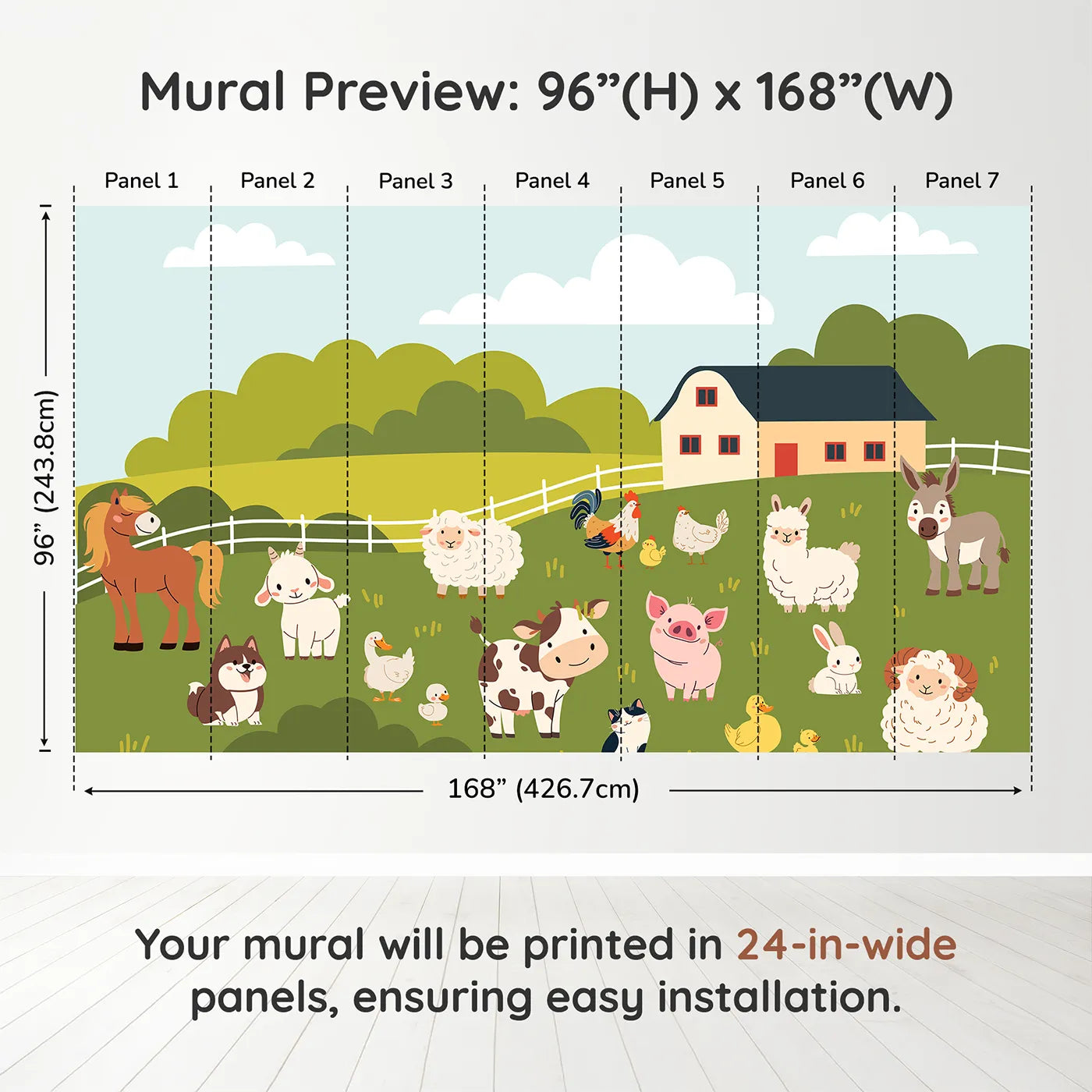 Whimsy Tots Happy Farm Friends Wall Muraldimension view (96" H x 168" W). Printed in seven 24-inch-wide panels. Gender-Neutral