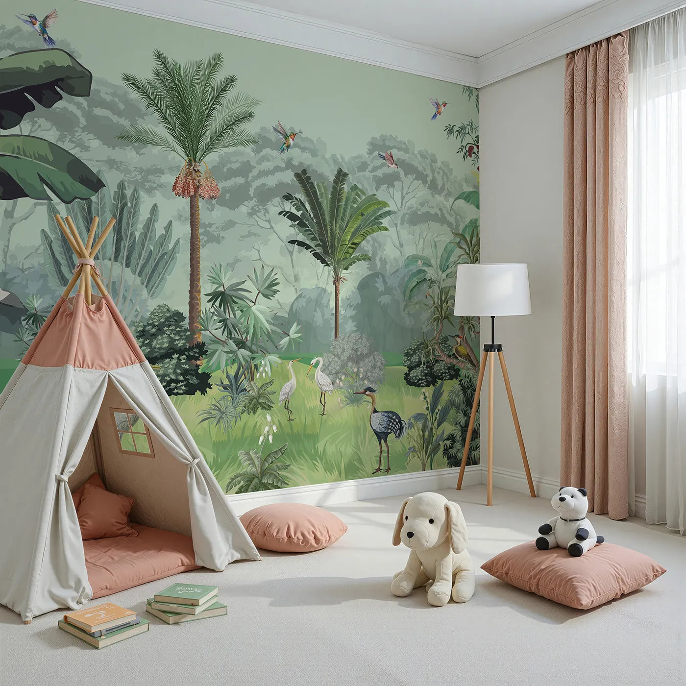 Angled view of Whimsy Tots' Exotic Bird Sanctuary Wall Mural in Green (Turn Their Room into a Lush, Hand-Painted Paradise).Gender-Neutral