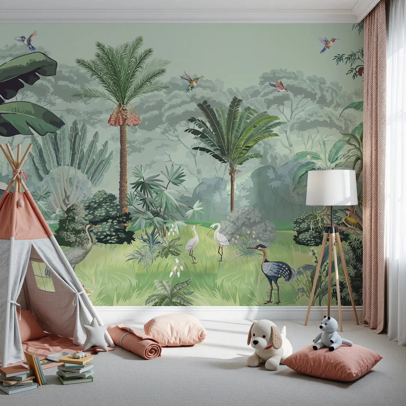 Front view of Whimsy Tots' Exotic Bird Sanctuary Wall Mural in Green