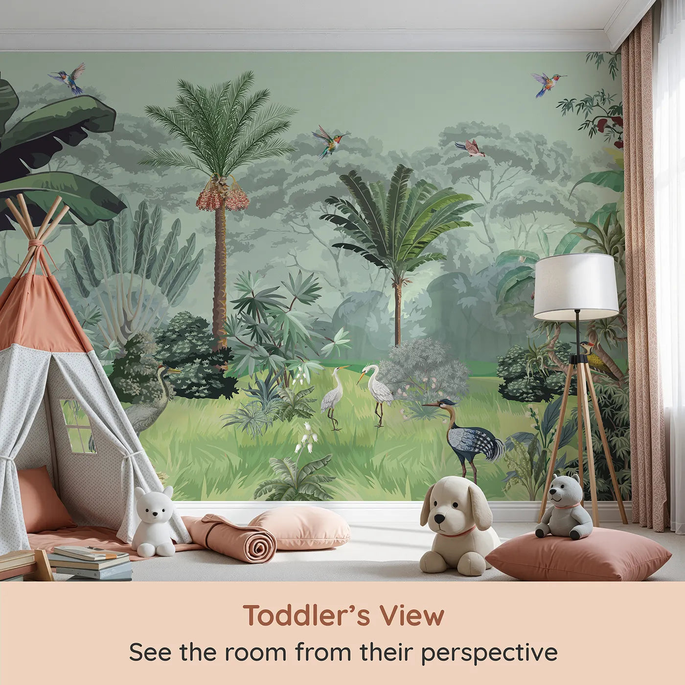 Whimsy Tots Exotic Bird Sanctuary Wall Mural in Green (Turn Their Room into a Lush, Hand-Painted Paradise) from your child's view.Gender-Neutral