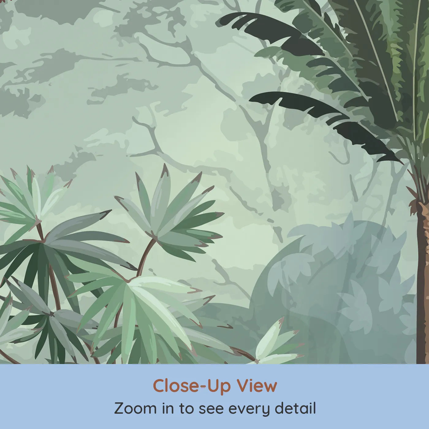 Close-up view of Whimsy Tots' Exotic Bird Sanctuary Wall Mural in Green (Turn Their Room into a Lush, Hand-Painted Paradise).Gender-Neutral