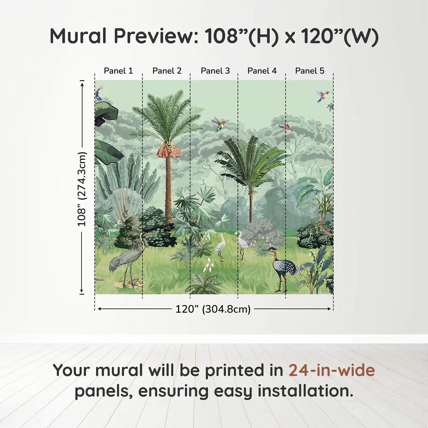 Whimsy Tots Exotic Bird Sanctuary Wall Mural in Greendimension view (108" H x 120" W). Printed in five 24-inch-wide panels. Gender-Neutral