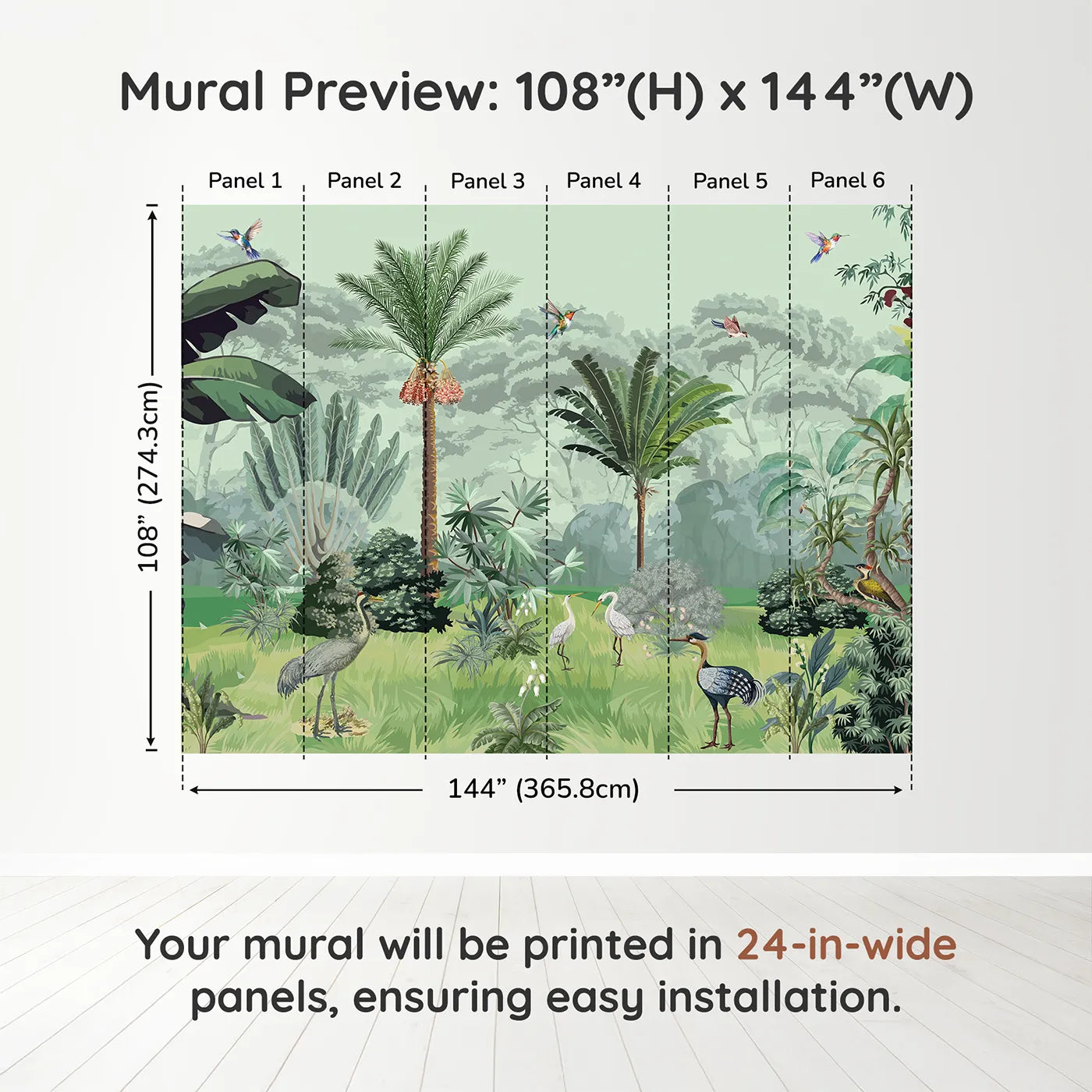 Whimsy Tots Exotic Bird Sanctuary Wall Mural in Greendimension view (108" H x 144" W). Printed in six 24-inch-wide panels. Gender-Neutral