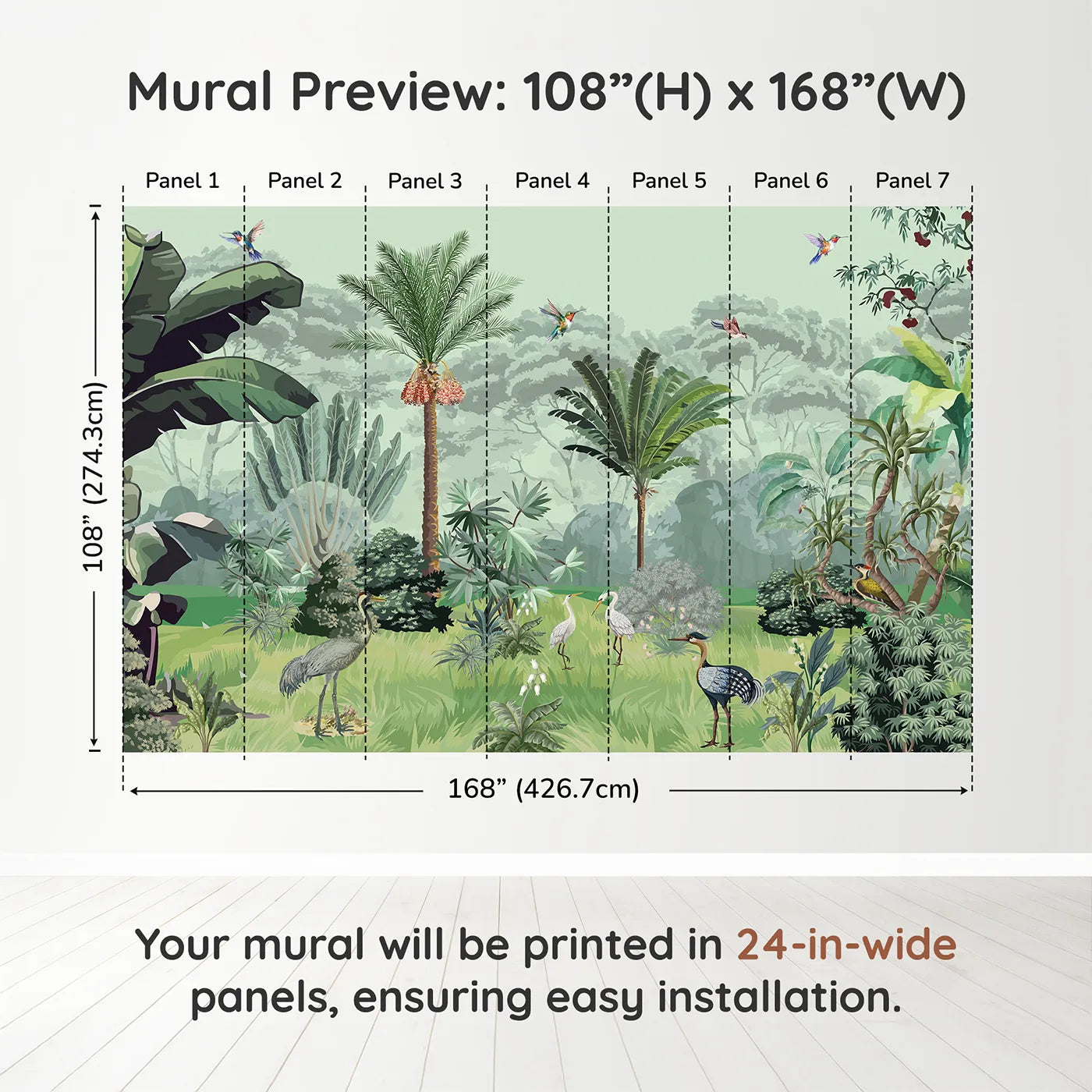 Whimsy Tots Exotic Bird Sanctuary Wall Mural in Greendimension view (108" H x 168" W). Printed in seven 24-inch-wide panels. Gender-Neutral