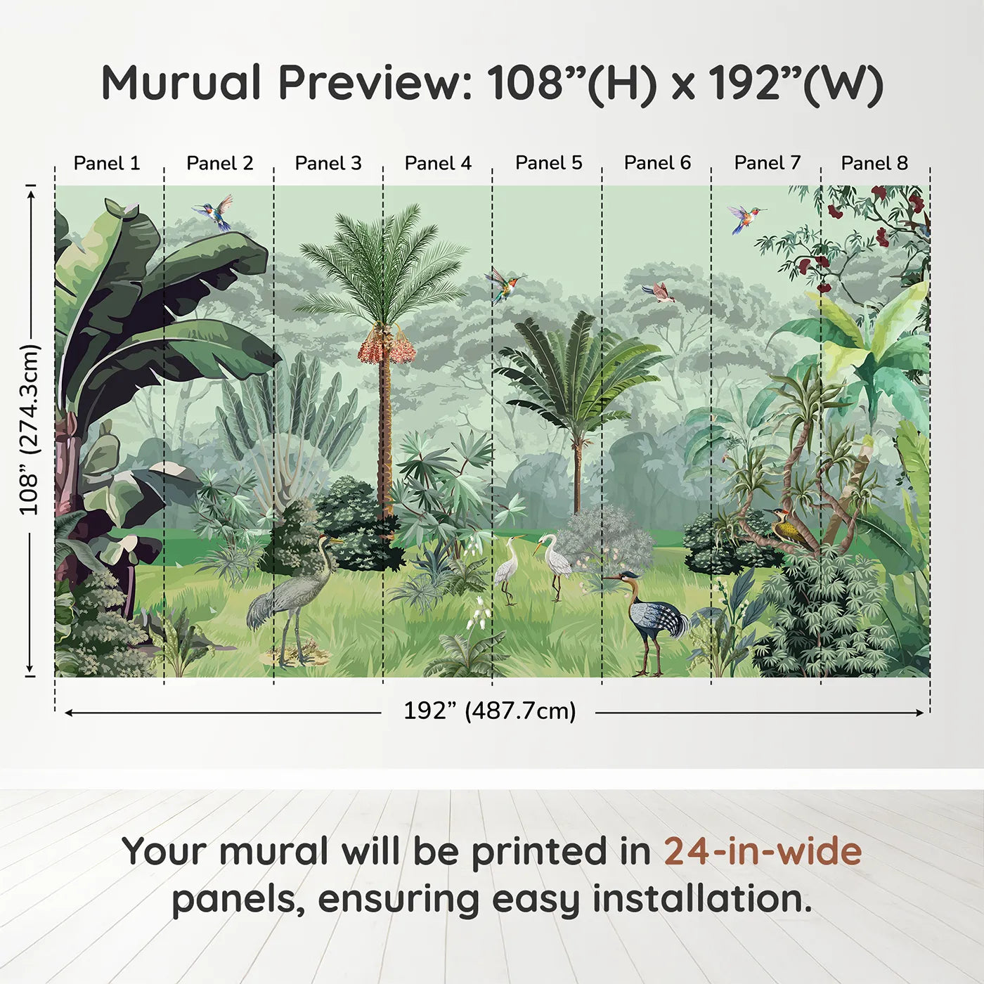 Whimsy Tots Exotic Bird Sanctuary Wall Mural in Greendimension view (108" H x 192" W). Printed in eight 24-inch-wide panels. Gender-Neutral