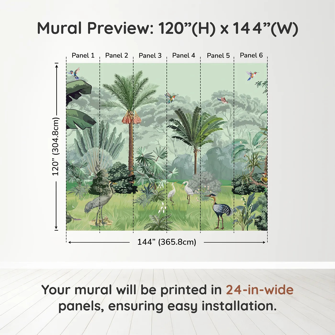 Whimsy Tots Exotic Bird Sanctuary Wall Mural in Greendimension view (120" H x 144" W). Printed in six 24-inch-wide panels. Gender-Neutral