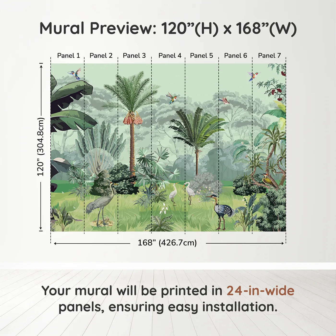 Whimsy Tots Exotic Bird Sanctuary Wall Mural in Greendimension view (120" H x 168" W). Printed in seven 24-inch-wide panels. Gender-Neutral