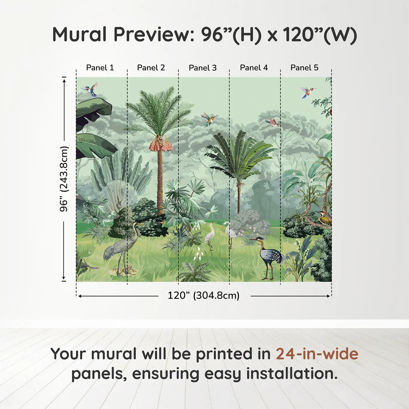 Whimsy Tots Exotic Bird Sanctuary Wall Mural in Greendimension view (96" H x 120" W). Printed in five 24-inch-wide panels. Gender-Neutral