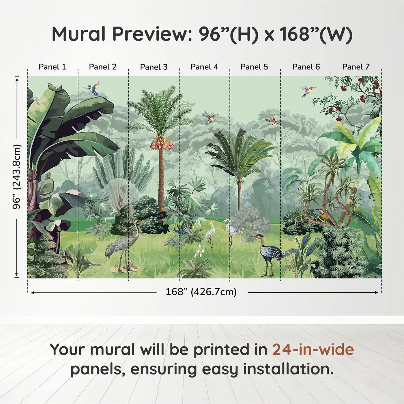 Whimsy Tots Exotic Bird Sanctuary Wall Mural in Greendimension view (96" H x 168" W). Printed in seven 24-inch-wide panels. Gender-Neutral