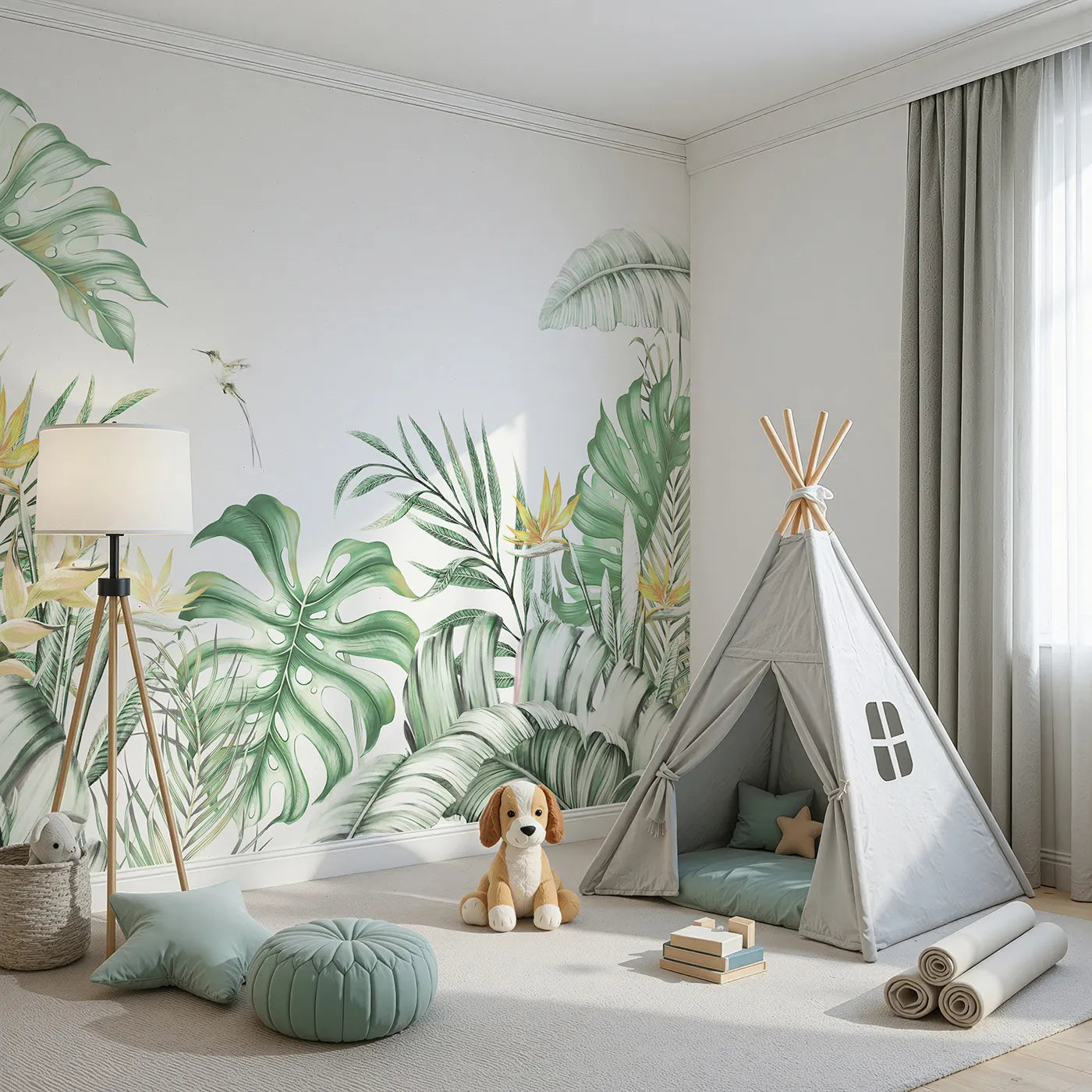Angled view of Whimsy Tots' Tropical Garden with Hummingbird Wall Mural (Turn Their Room into a Lush and Vibrant Jungle).Gender-Neutral