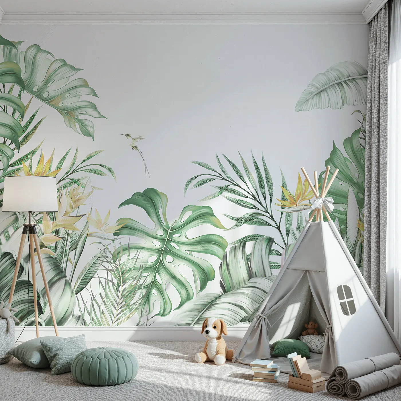 Front view of Whimsy Tots' Tropical Garden with Hummingbird Wall Mural
