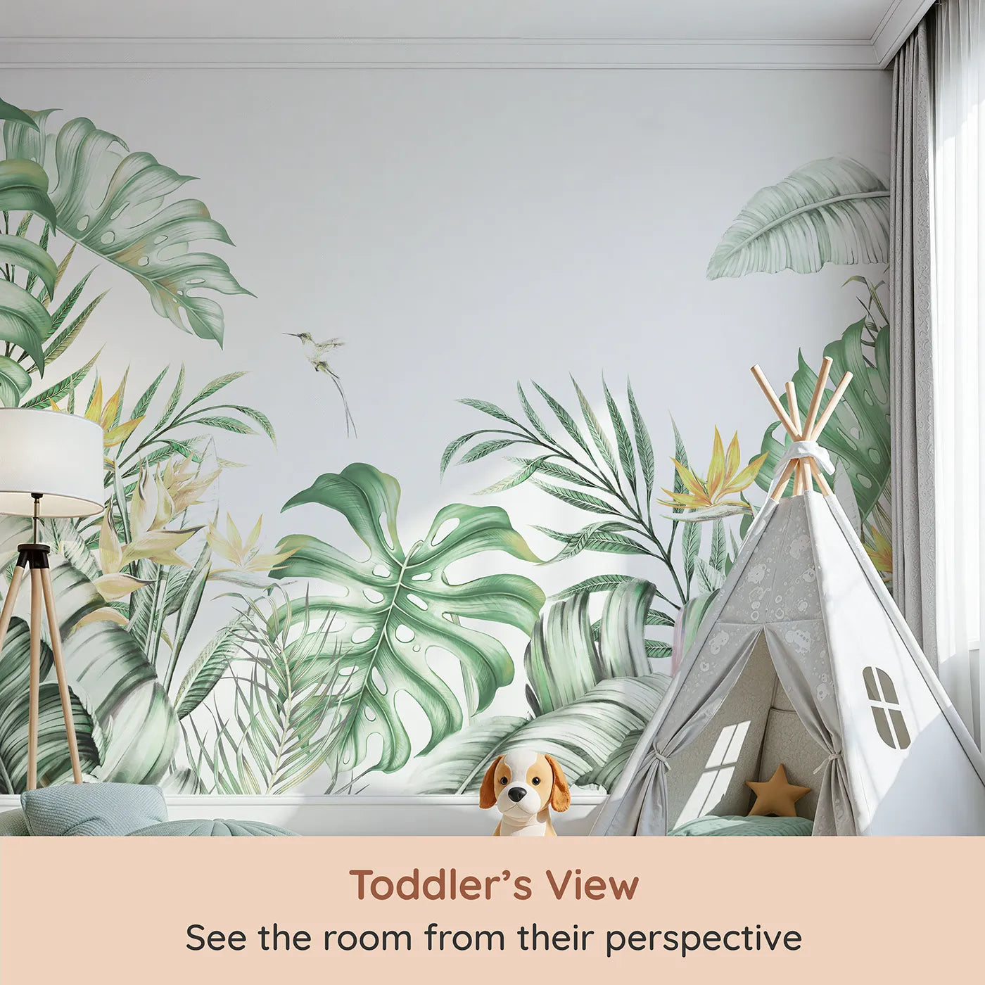 Whimsy Tots Tropical Garden with Hummingbird Wall Mural (Turn Their Room into a Lush and Vibrant Jungle) from your child's view.Gender-Neutral