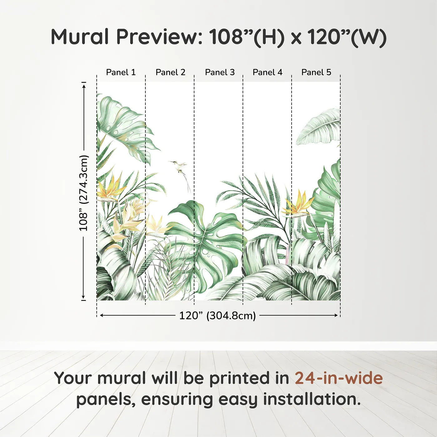 Whimsy Tots Tropical Garden with Hummingbird Wall Muraldimension view (108" H x 120" W). Printed in five 24-inch-wide panels. Gender-Neutral