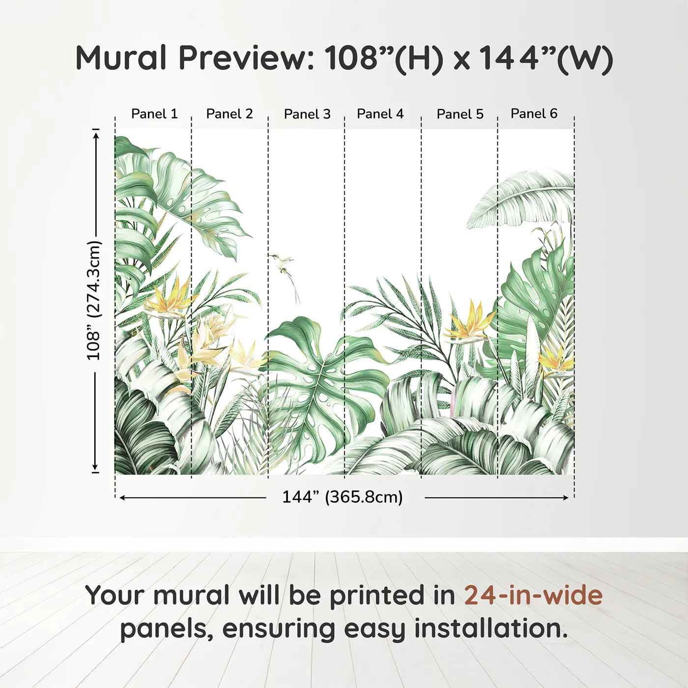 Whimsy Tots Tropical Garden with Hummingbird Wall Muraldimension view (108" H x 144" W). Printed in six 24-inch-wide panels. Gender-Neutral