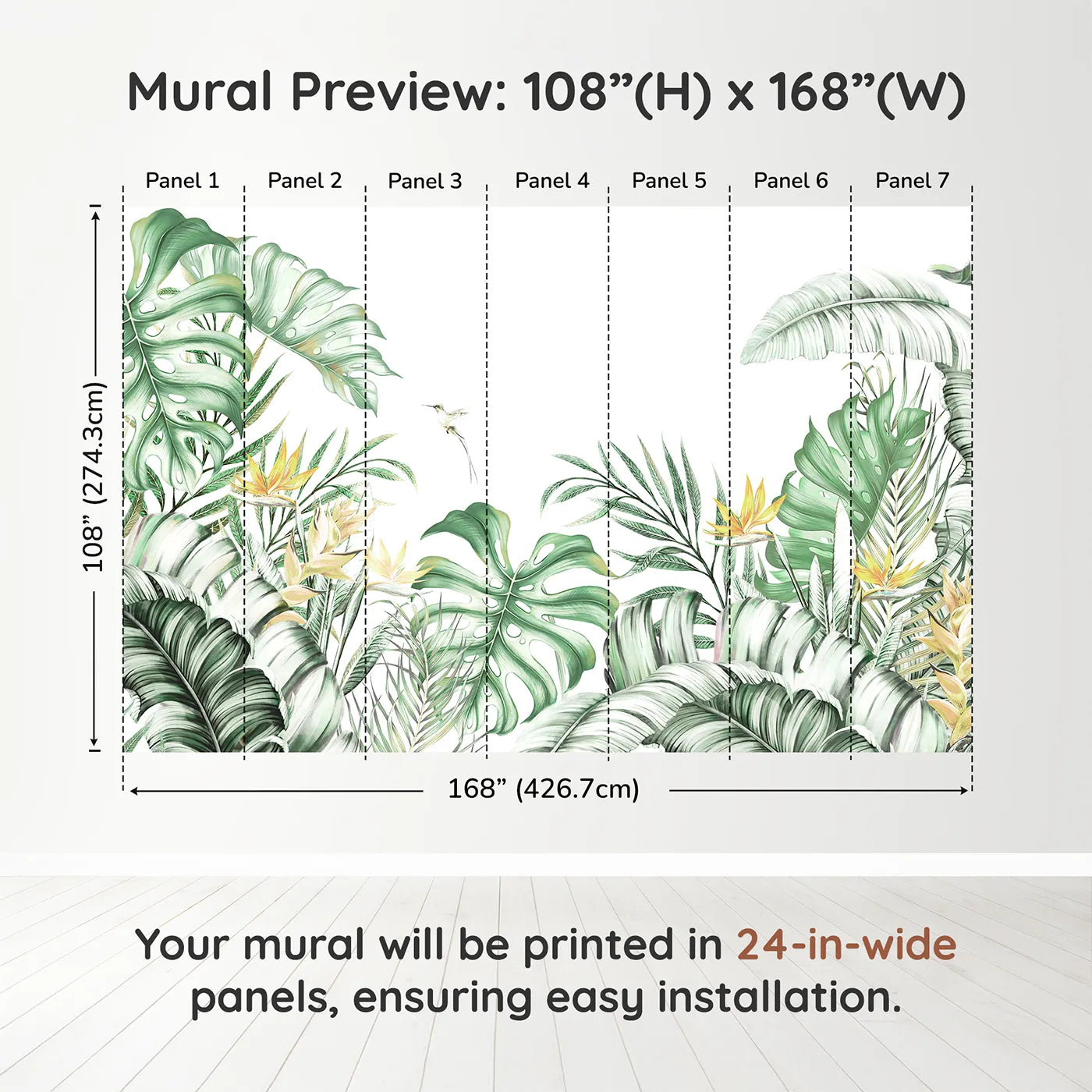 Whimsy Tots Tropical Garden with Hummingbird Wall Muraldimension view (108" H x 168" W). Printed in seven 24-inch-wide panels. Gender-Neutral