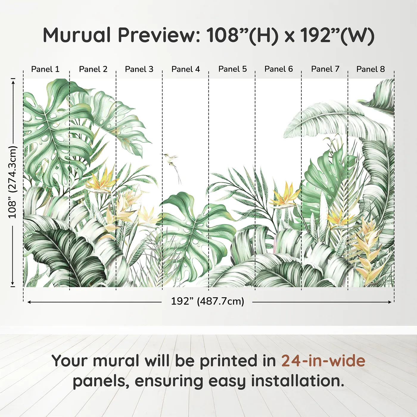 Whimsy Tots Tropical Garden with Hummingbird Wall Muraldimension view (108" H x 192" W). Printed in eight 24-inch-wide panels. Gender-Neutral
