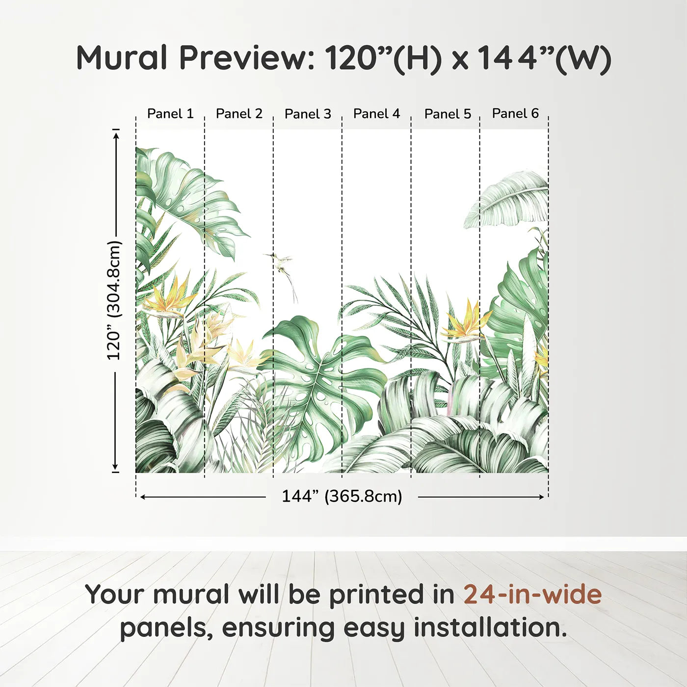 Whimsy Tots Tropical Garden with Hummingbird Wall Muraldimension view (120" H x 144" W). Printed in six 24-inch-wide panels. Gender-Neutral