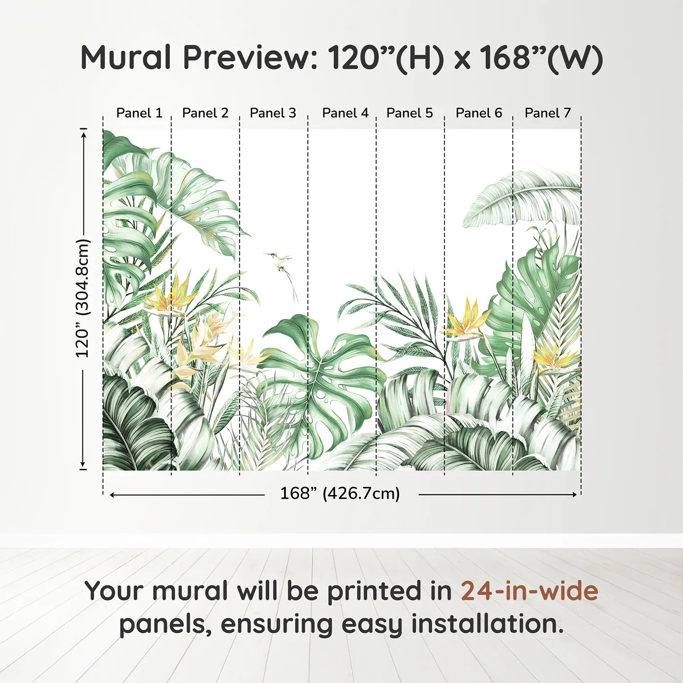 Whimsy Tots Tropical Garden with Hummingbird Wall Muraldimension view (120" H x 168" W). Printed in seven 24-inch-wide panels. Gender-Neutral