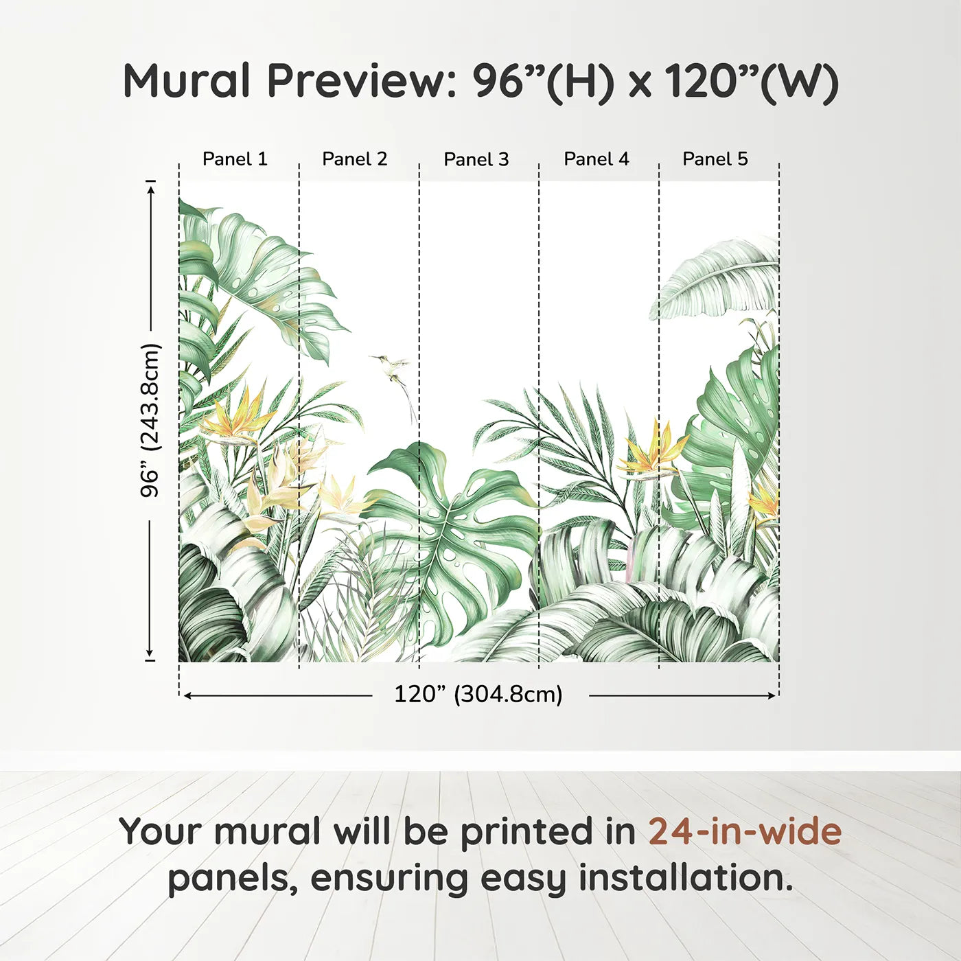 Whimsy Tots Tropical Garden with Hummingbird Wall Muraldimension view (96" H x 120" W). Printed in five 24-inch-wide panels. Gender-Neutral