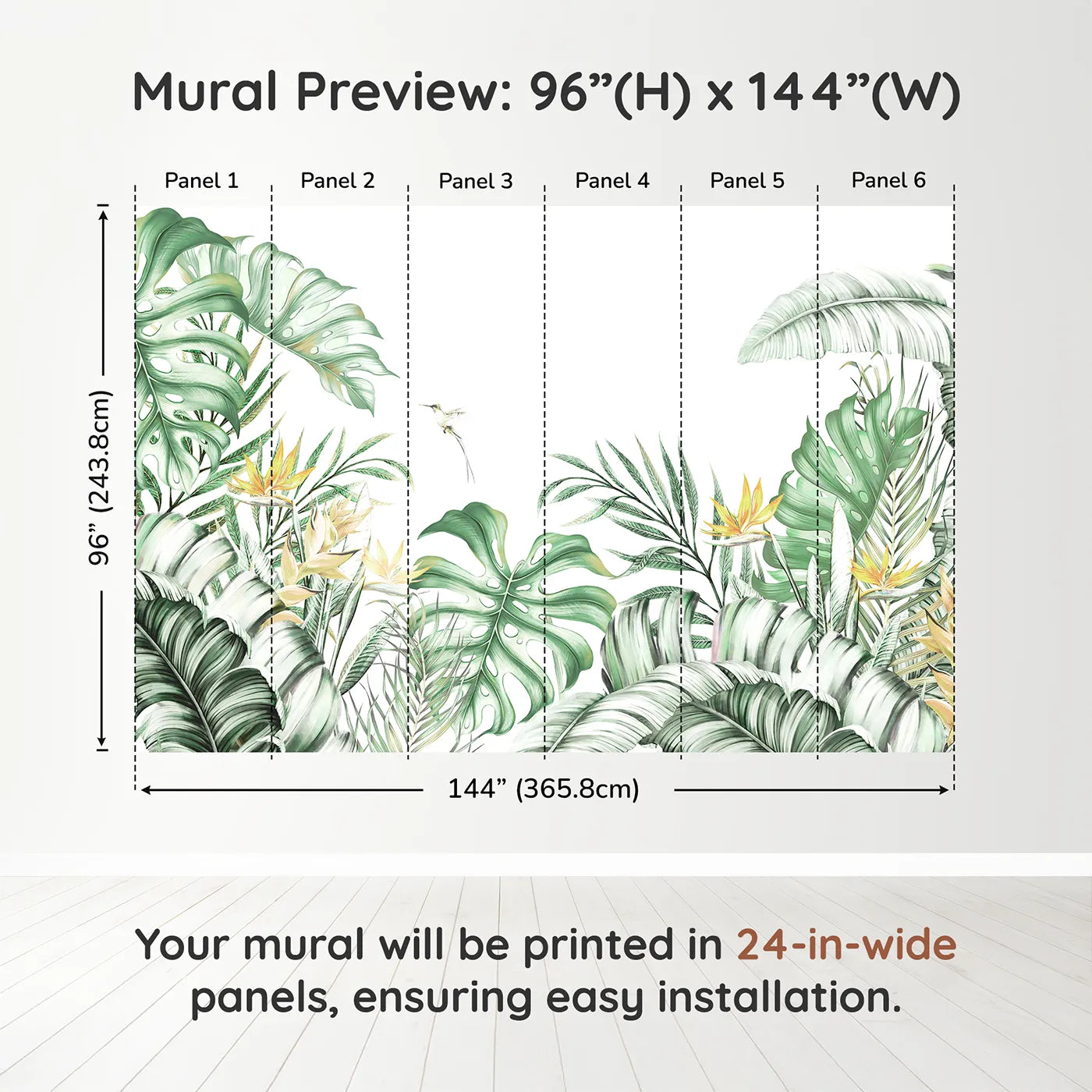 Whimsy Tots Tropical Garden with Hummingbird Wall Muraldimension view (96" H x 144" W). Printed in six 24-inch-wide panels. Gender-Neutral