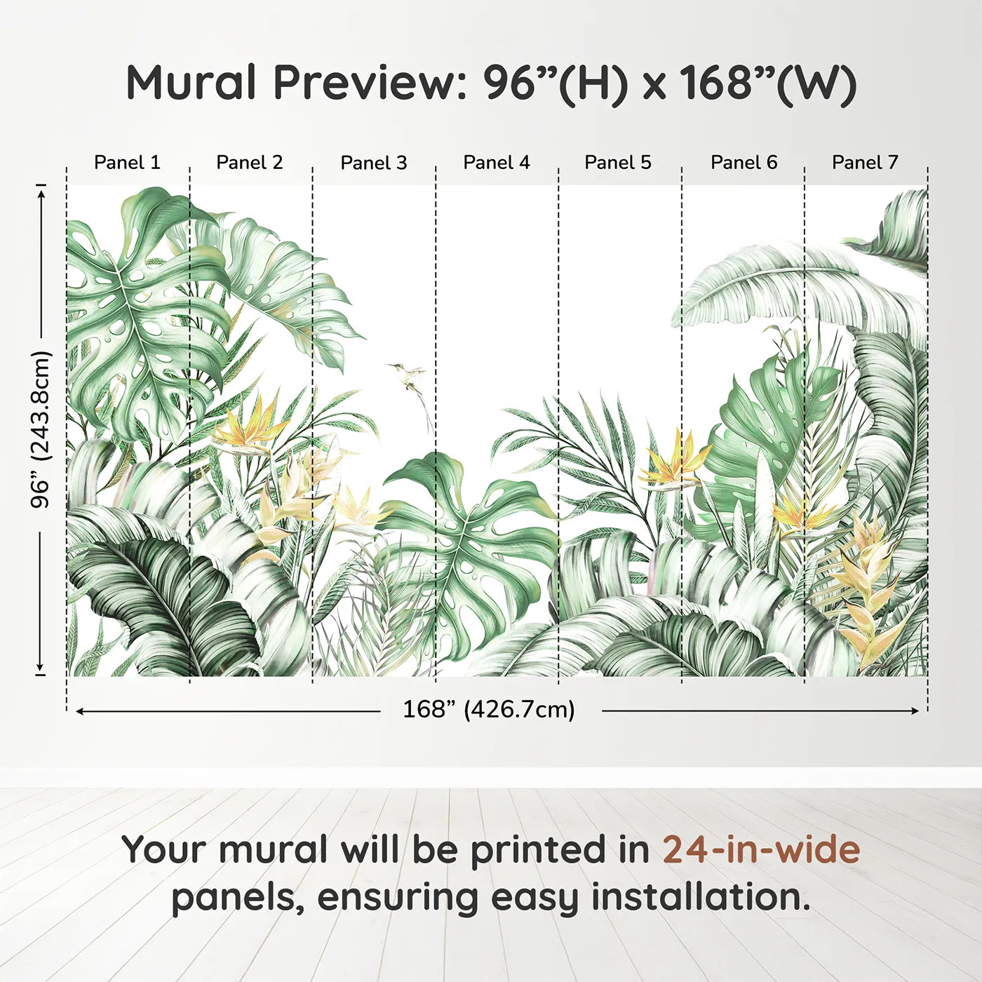 Whimsy Tots Tropical Garden with Hummingbird Wall Muraldimension view (96" H x 168" W). Printed in seven 24-inch-wide panels. Gender-Neutral