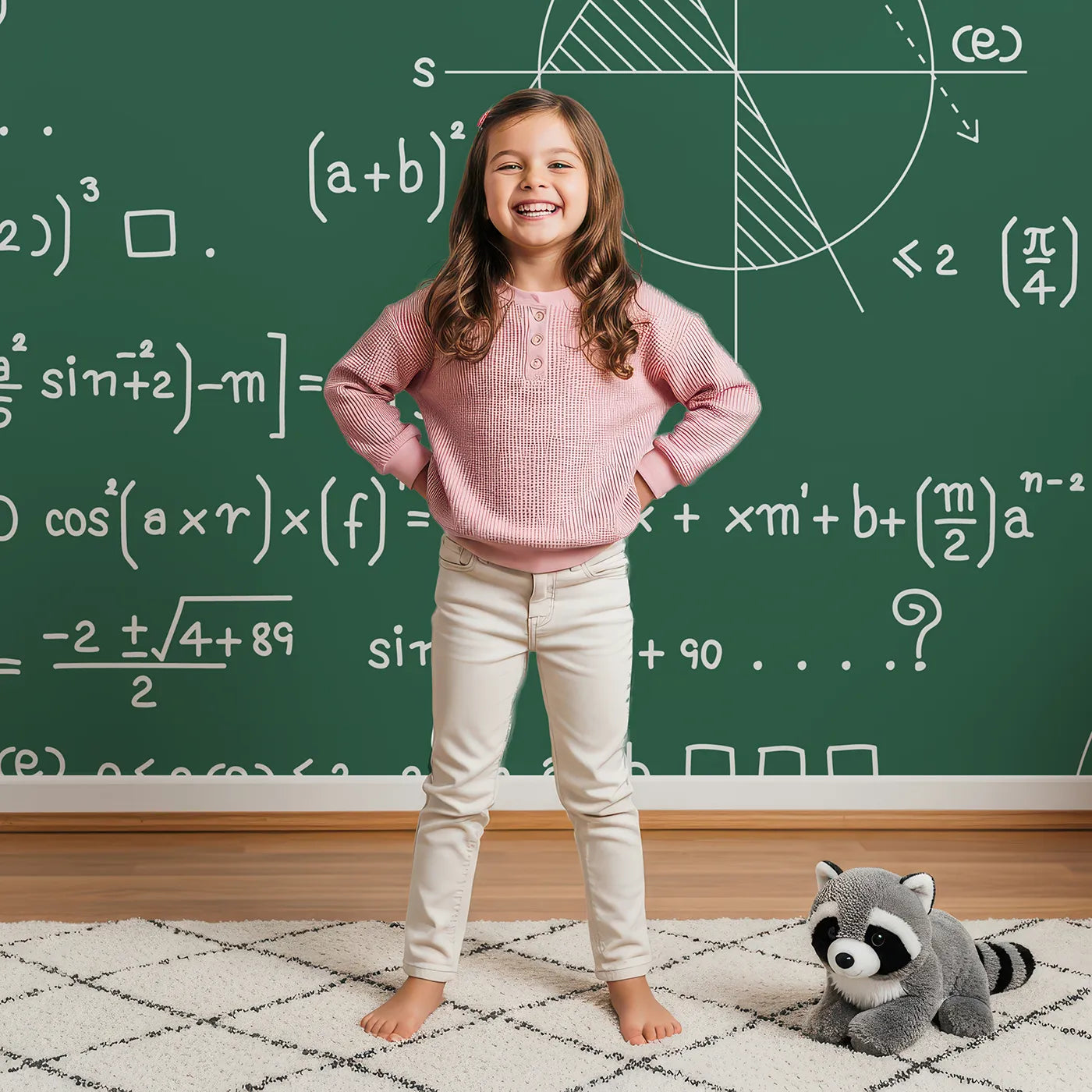 Child in front of Whimsy Tots Geometry Chalkboard Wall Mural with math, science, equation, formula, chalkboard, geometry, number, learn in design.