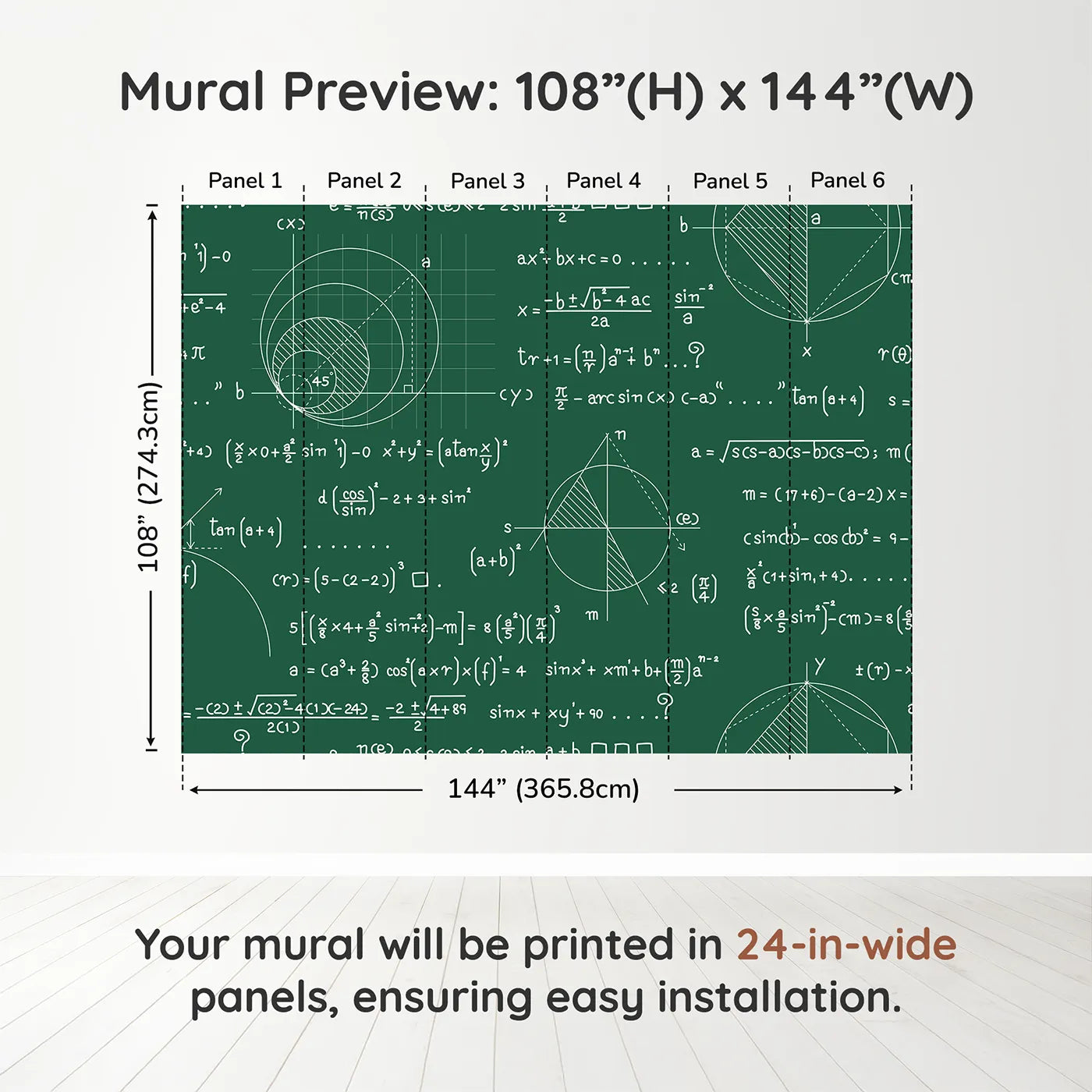Whimsy Tots Geometry Chalkboard Wall Muraldimension view (108" H x 144" W). Printed in six 24-inch-wide panels. Gender-Neutral