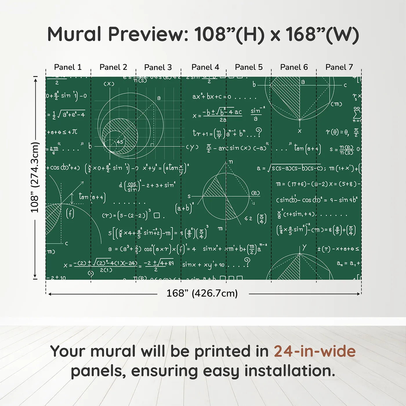 Whimsy Tots Geometry Chalkboard Wall Muraldimension view (108" H x 168" W). Printed in seven 24-inch-wide panels. Gender-Neutral