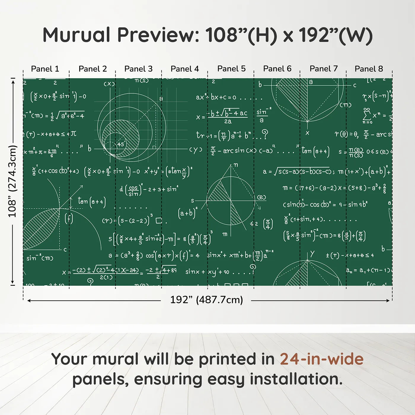 Whimsy Tots Geometry Chalkboard Wall Muraldimension view (108" H x 192" W). Printed in eight 24-inch-wide panels. Gender-Neutral