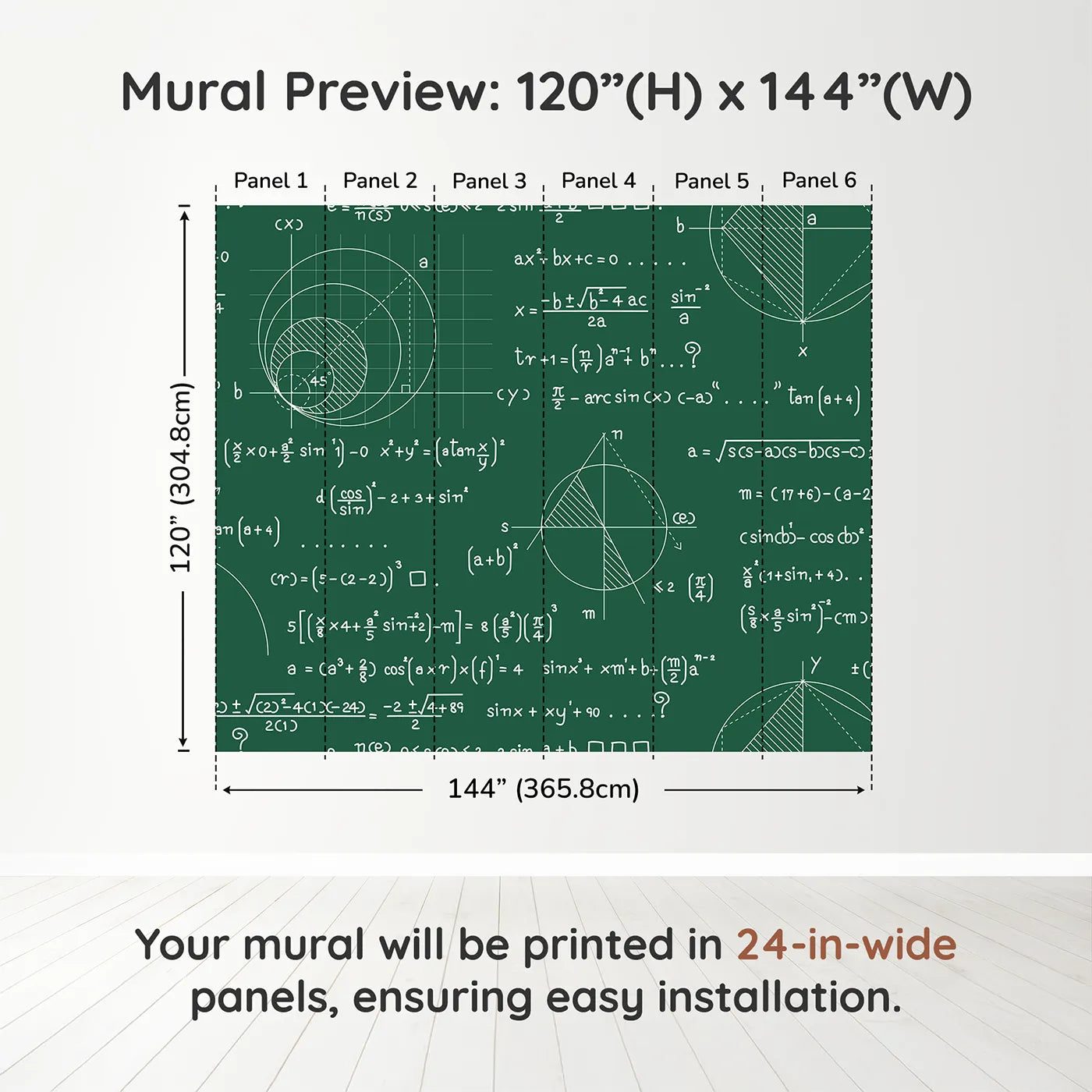 Whimsy Tots Geometry Chalkboard Wall Muraldimension view (120" H x 144" W). Printed in six 24-inch-wide panels. Gender-Neutral