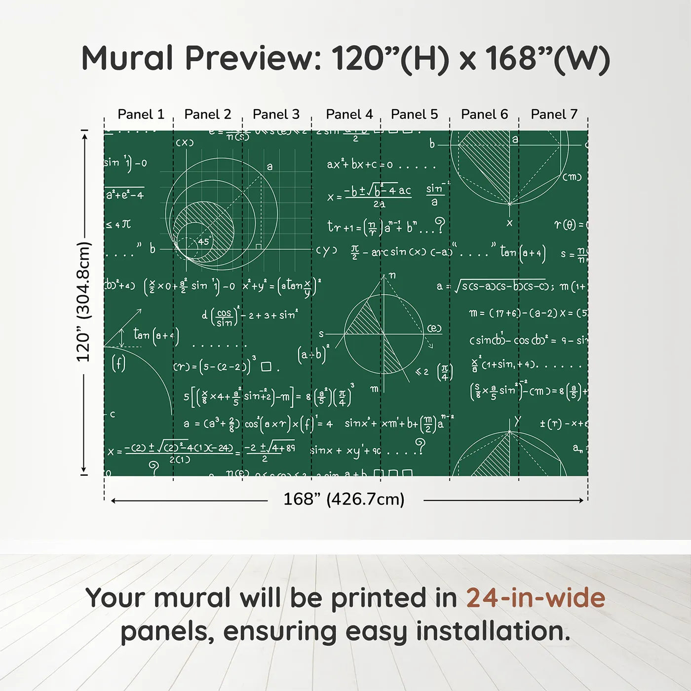 Whimsy Tots Geometry Chalkboard Wall Muraldimension view (120" H x 168" W). Printed in seven 24-inch-wide panels. Gender-Neutral