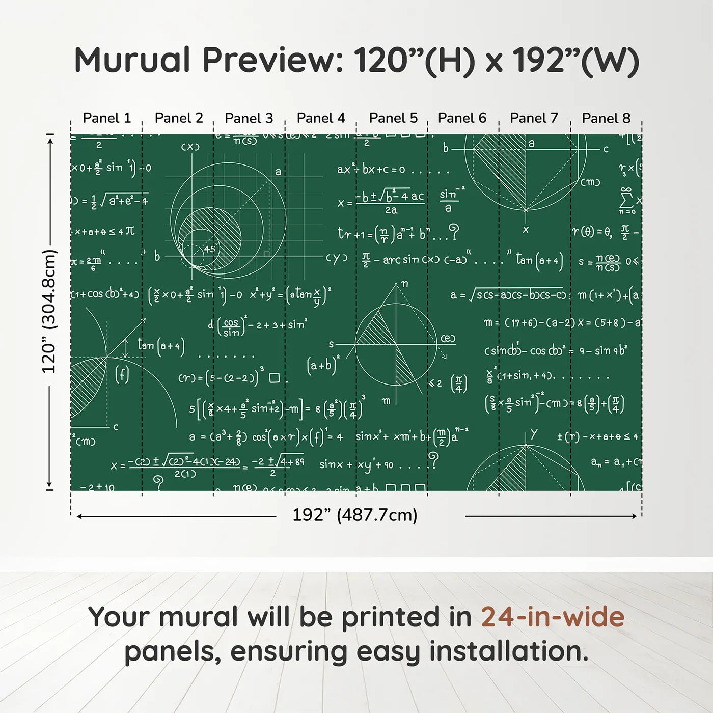 Whimsy Tots Geometry Chalkboard Wall Muraldimension view (120" H x 192" W). Printed in eight 24-inch-wide panels. Gender-Neutral