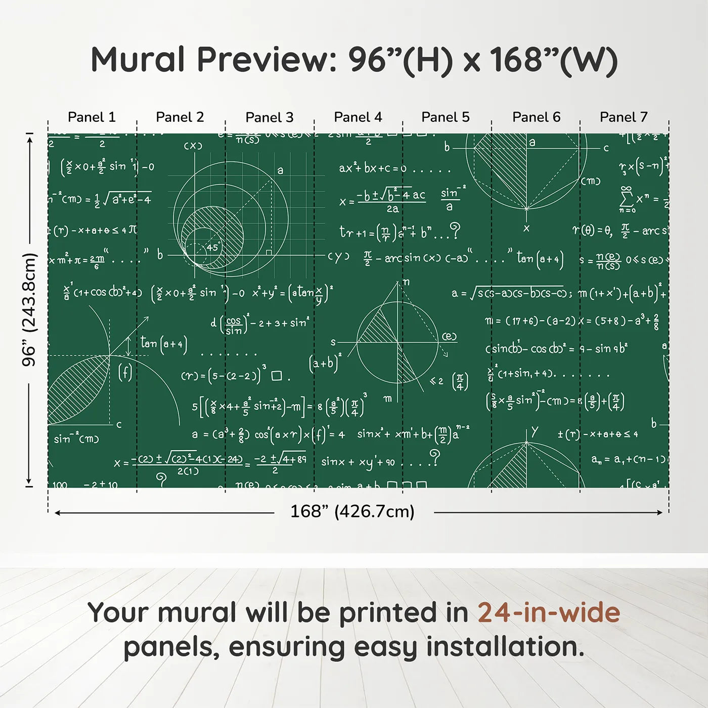 Whimsy Tots Geometry Chalkboard Wall Muraldimension view (96" H x 168" W). Printed in seven 24-inch-wide panels. Gender-Neutral