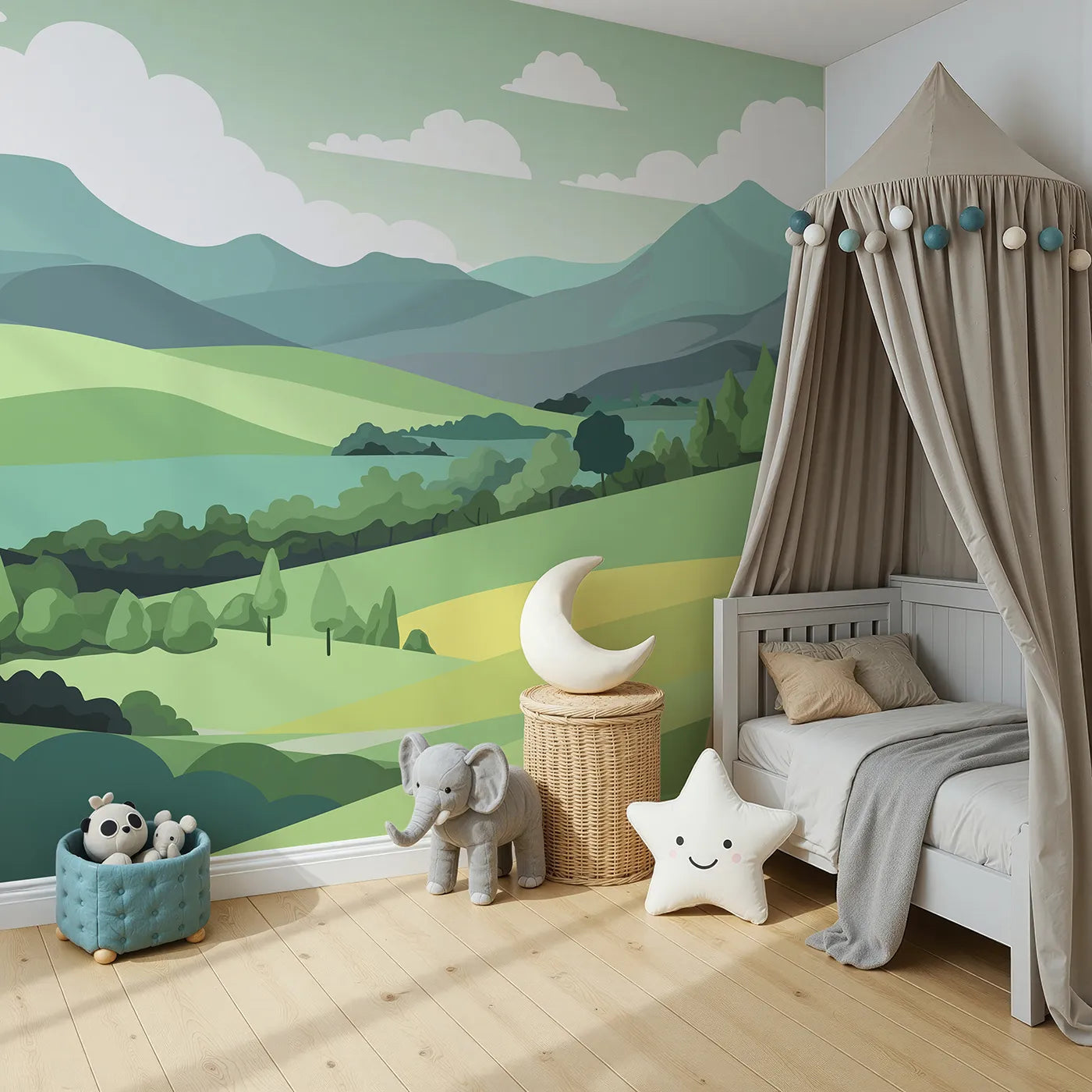 Angled view of Whimsy Tots' Minimalist Green Hills Wall Mural (Turn Their Room into a Calm and Modern Landscape).Gender-Neutral