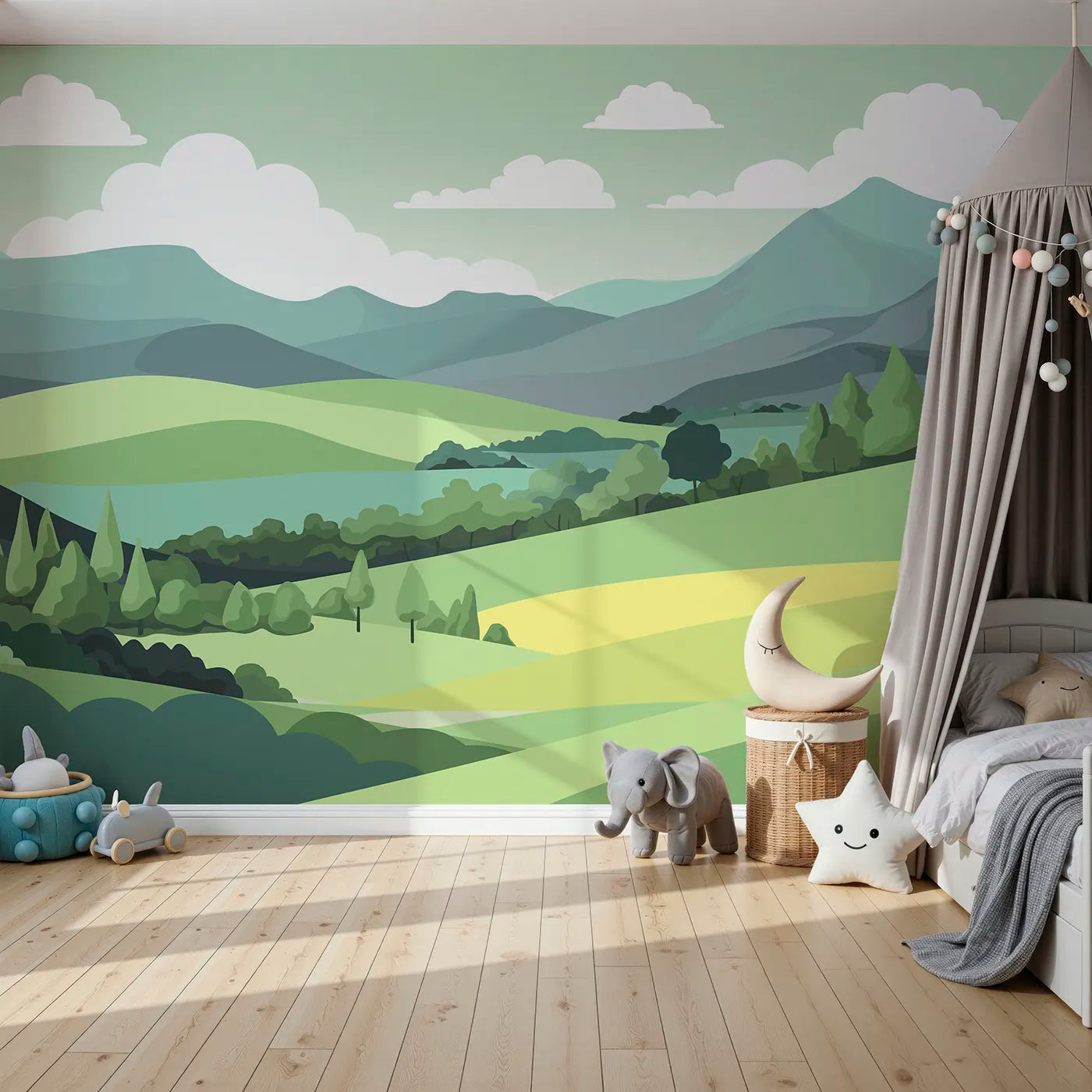Front view of Whimsy Tots' Minimalist Green Hills Wall Mural
