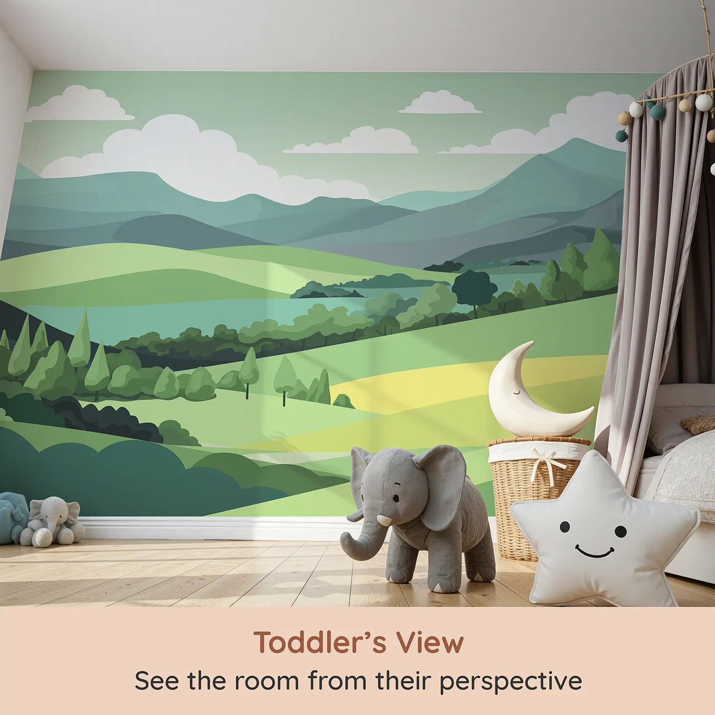 Whimsy Tots Minimalist Green Hills Wall Mural (Turn Their Room into a Calm and Modern Landscape) from your child's view.Gender-Neutral