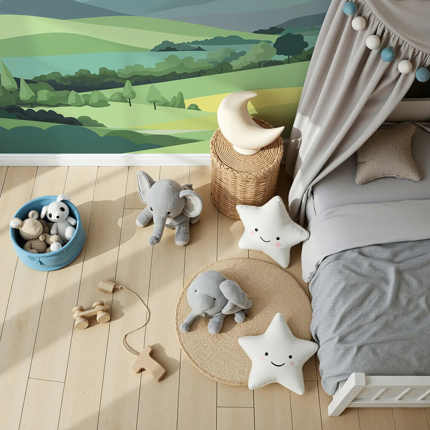 Top-down view of Whimsy Tots' Minimalist Green Hills Wall Mural (Turn Their Room into a Calm and Modern Landscape).Gender-Neutral
