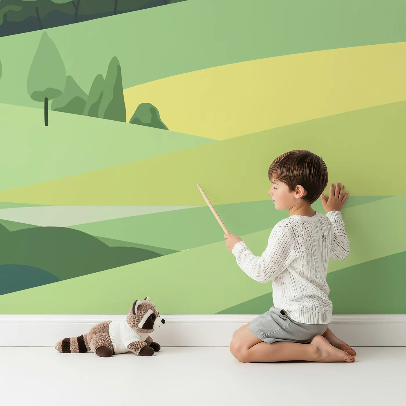 Child in front of Whimsy Tots Minimalist Green Hills Wall Mural with landscape, abstract, minimalist, green, hill, tree, modern, simple in design.