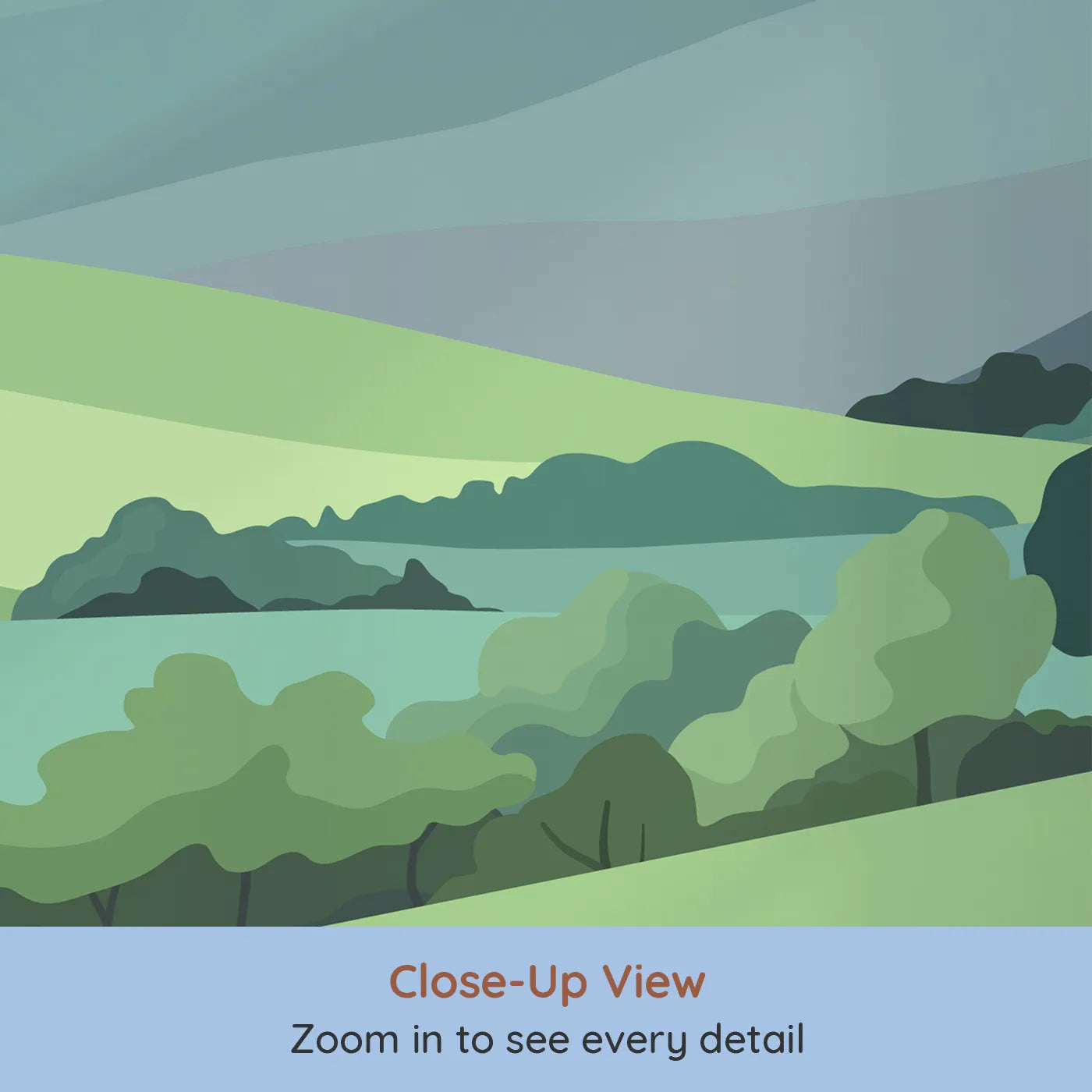 Close-up view of Whimsy Tots' Minimalist Green Hills Wall Mural (Turn Their Room into a Calm and Modern Landscape).Gender-Neutral