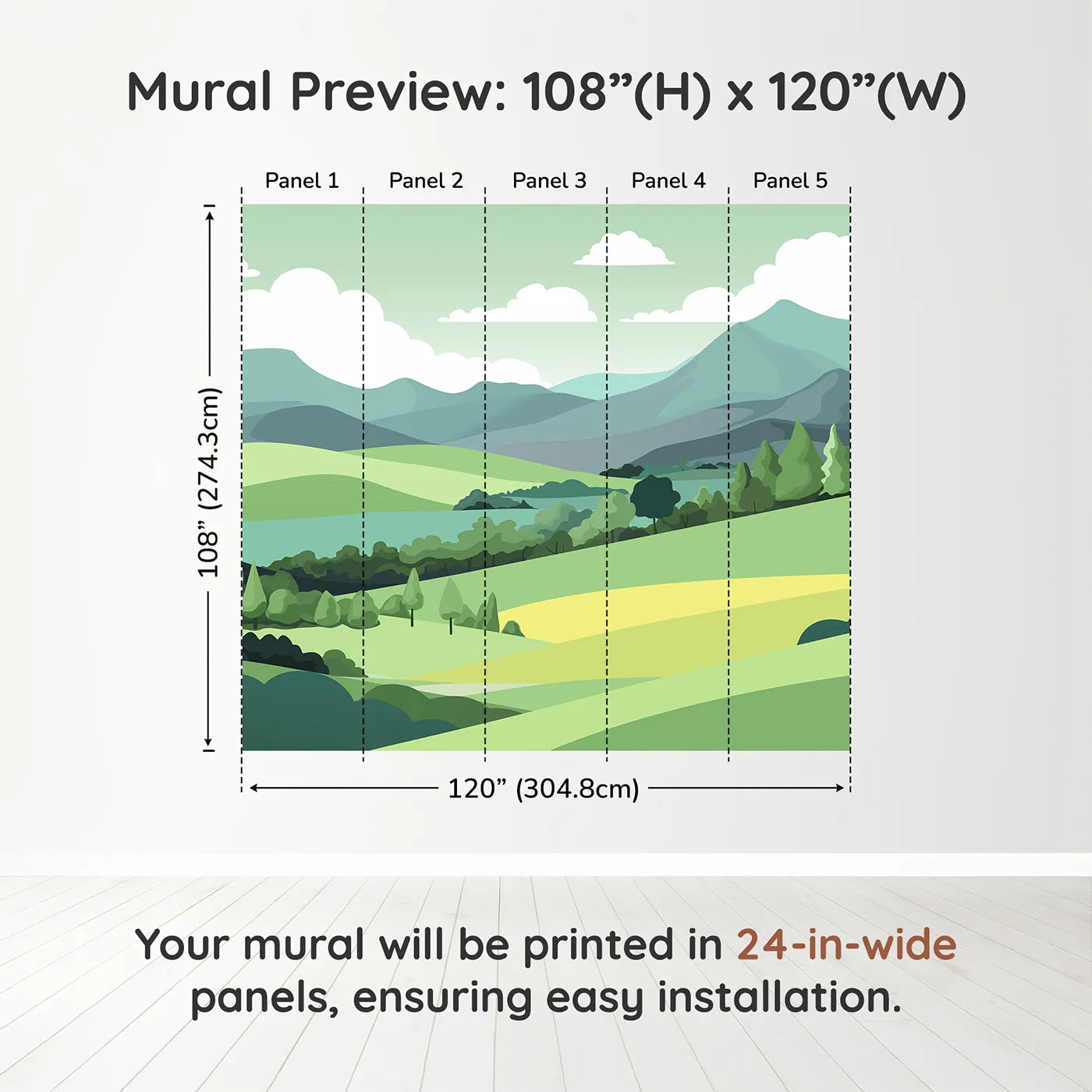 Whimsy Tots Minimalist Green Hills Wall Muraldimension view (108" H x 120" W). Printed in five 24-inch-wide panels. Gender-Neutral