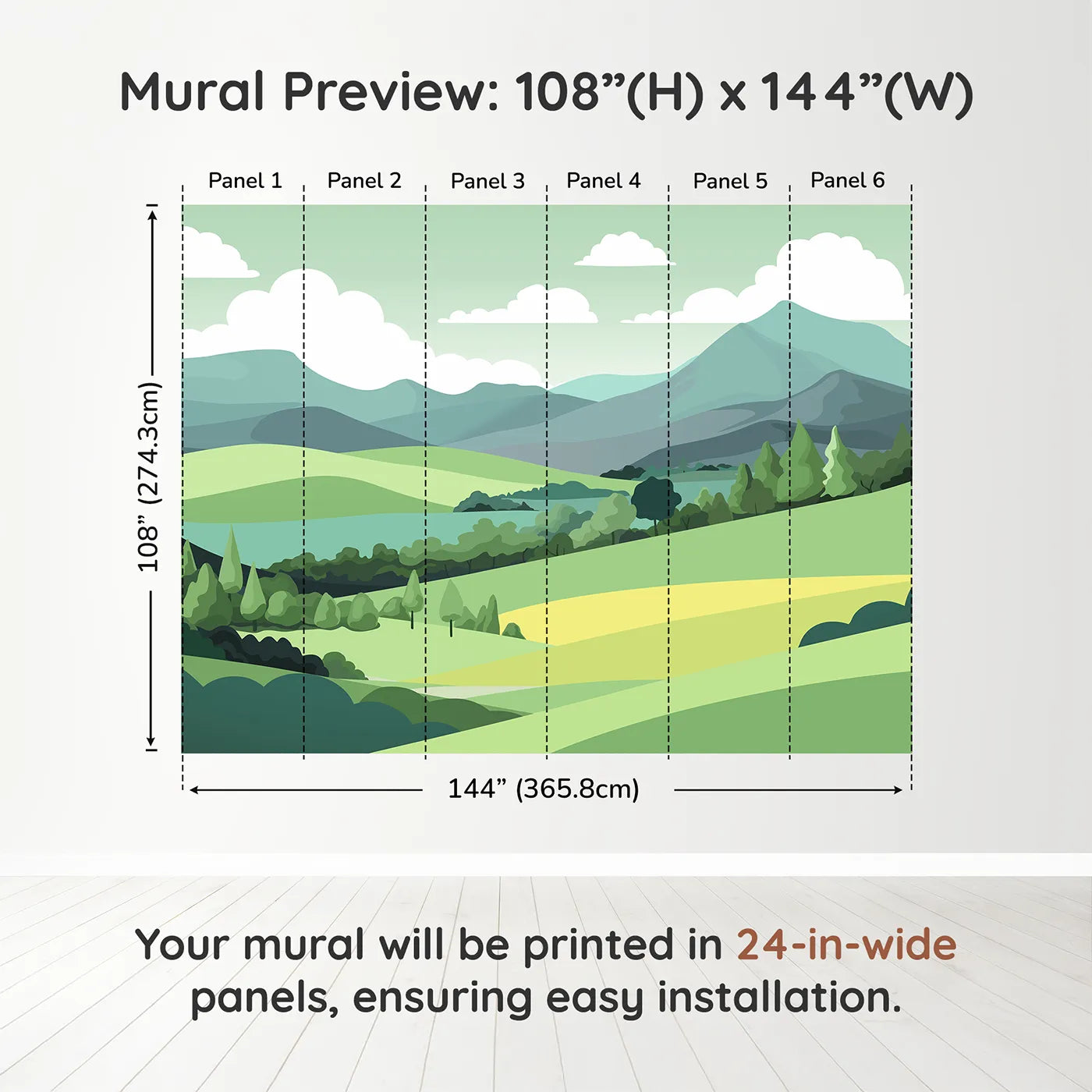 Whimsy Tots Minimalist Green Hills Wall Muraldimension view (108" H x 144" W). Printed in six 24-inch-wide panels. Gender-Neutral