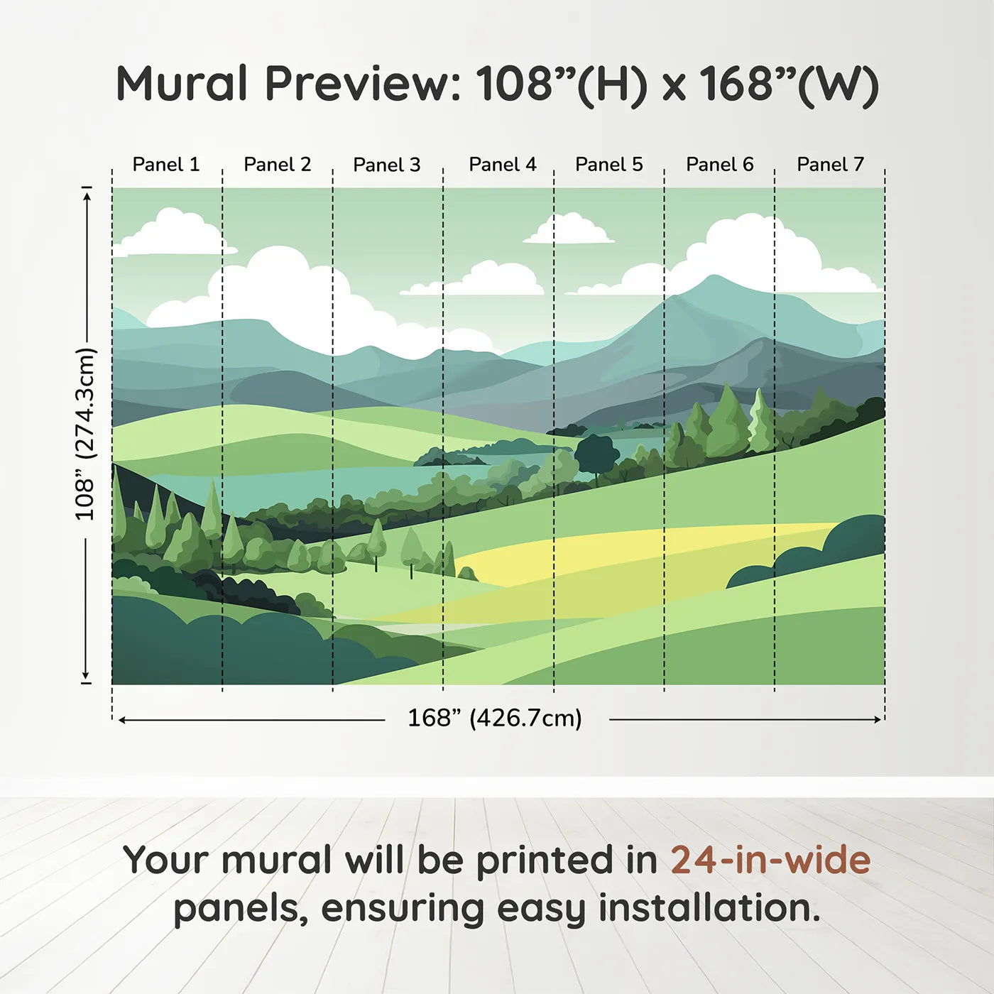 Whimsy Tots Minimalist Green Hills Wall Muraldimension view (108" H x 168" W). Printed in seven 24-inch-wide panels. Gender-Neutral