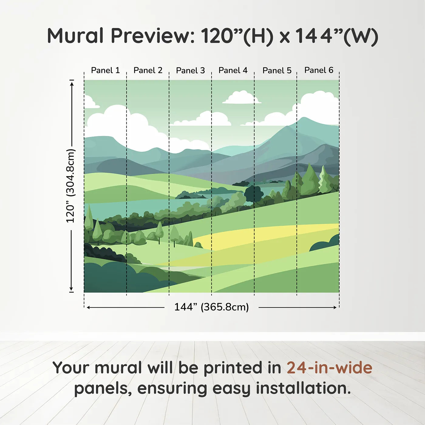 Whimsy Tots Minimalist Green Hills Wall Muraldimension view (120" H x 144" W). Printed in six 24-inch-wide panels. Gender-Neutral
