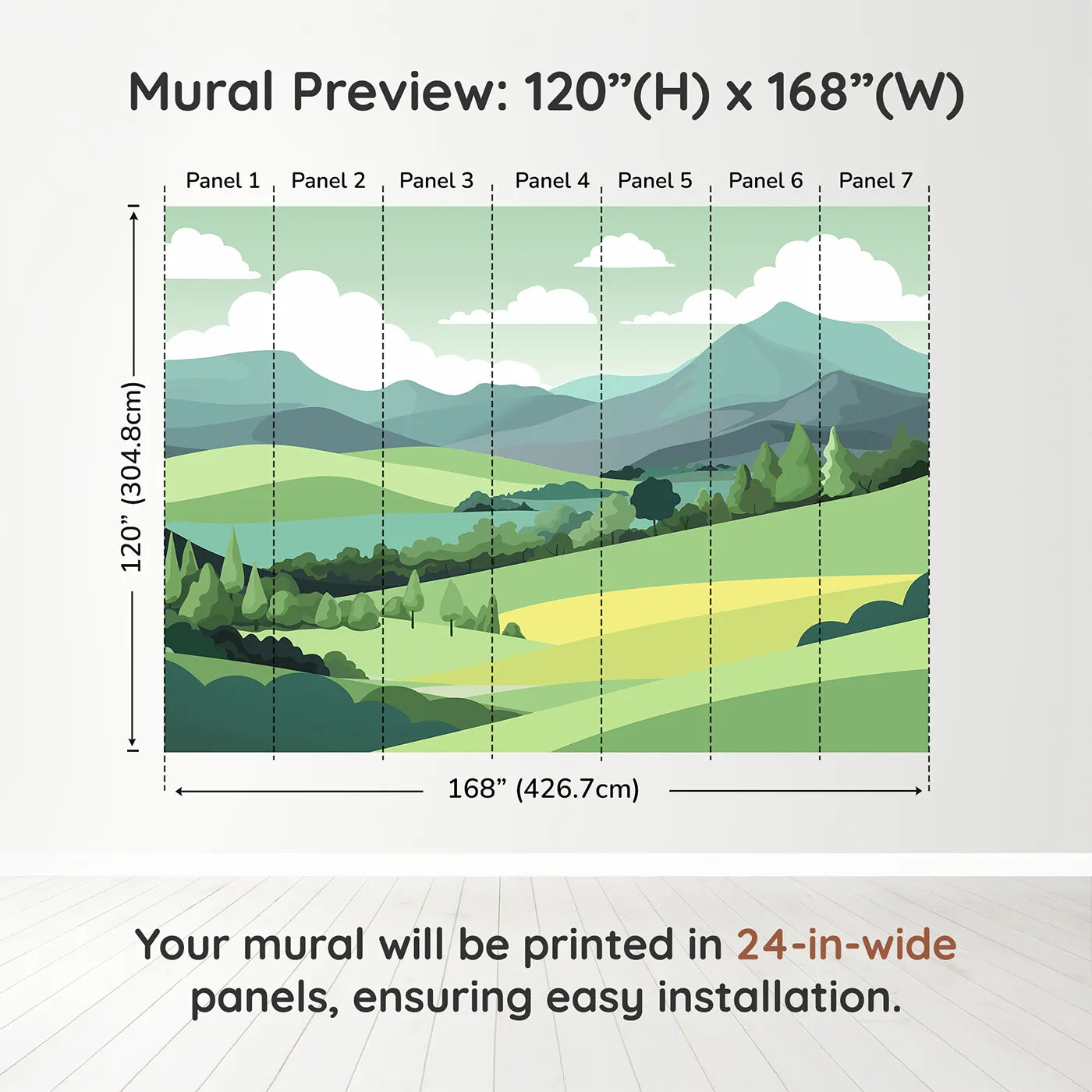 Whimsy Tots Minimalist Green Hills Wall Muraldimension view (120" H x 168" W). Printed in seven 24-inch-wide panels. Gender-Neutral