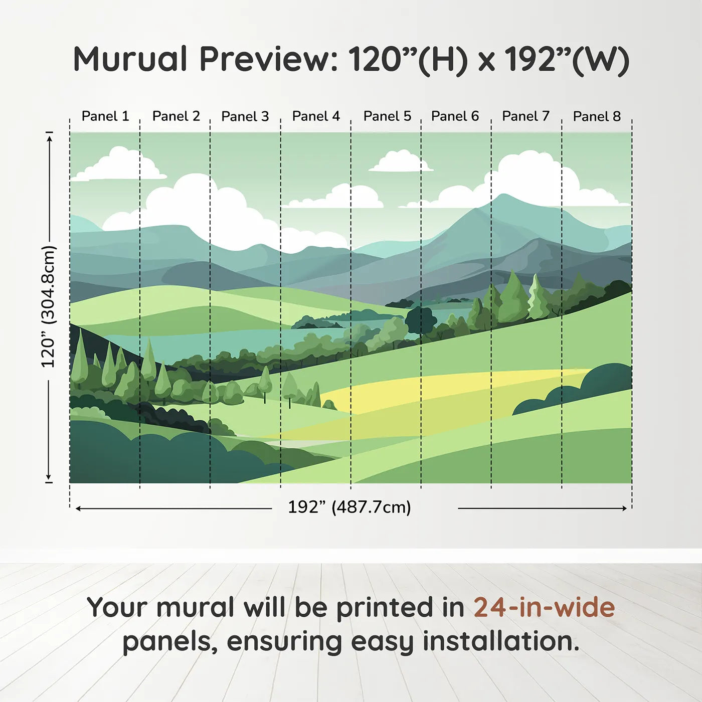 Whimsy Tots Minimalist Green Hills Wall Muraldimension view (120" H x 192" W). Printed in eight 24-inch-wide panels. Gender-Neutral