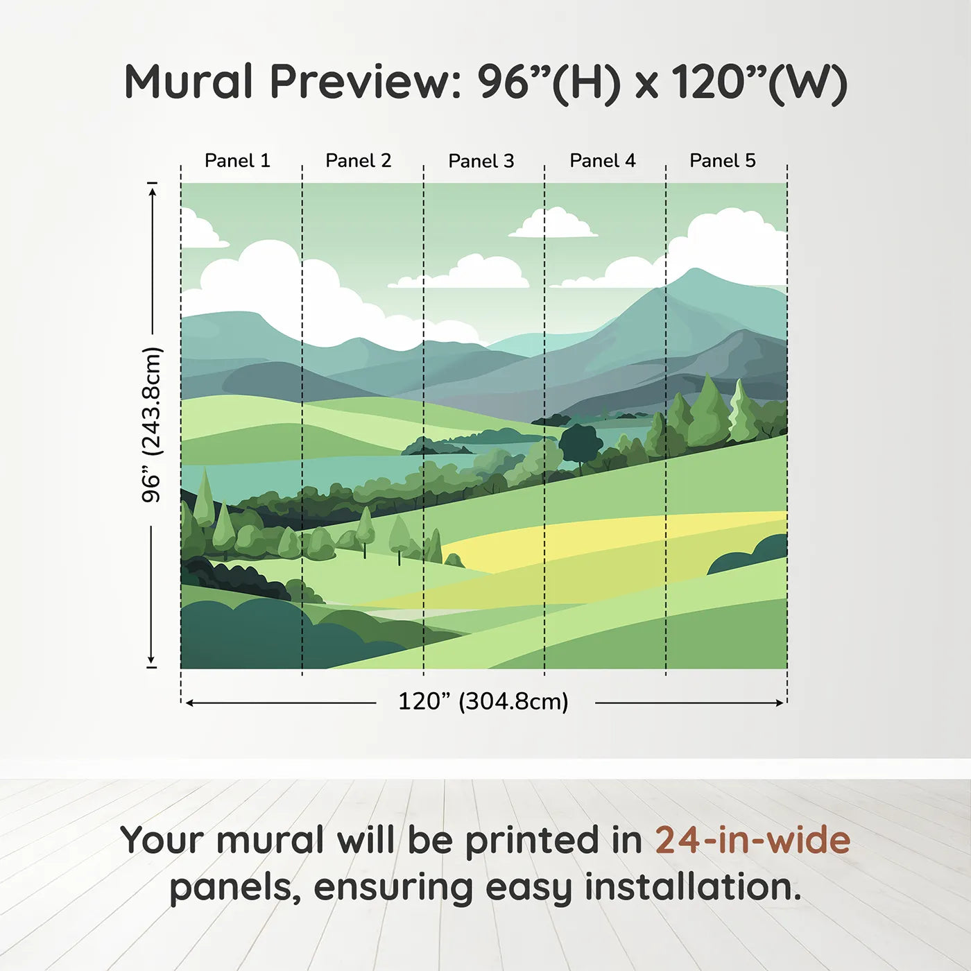 Whimsy Tots Minimalist Green Hills Wall Muraldimension view (96" H x 120" W). Printed in five 24-inch-wide panels. Gender-Neutral