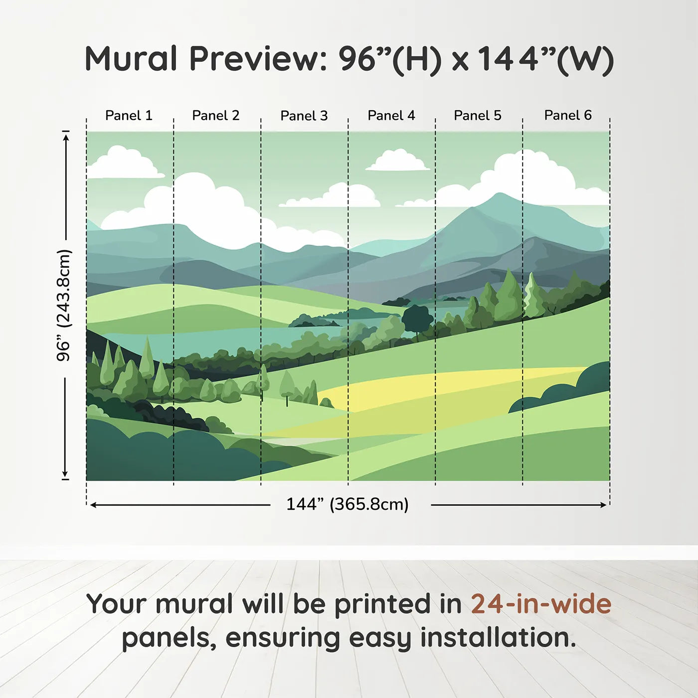 Whimsy Tots Minimalist Green Hills Wall Muraldimension view (96" H x 144" W). Printed in six 24-inch-wide panels. Gender-Neutral