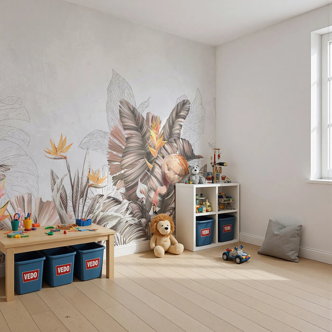Angled view of Whimsy Tots' Tropical Flamingo Garden Wall Mural (Turn Their Room into a Chic and Sunny Oasis).Gender-Neutral