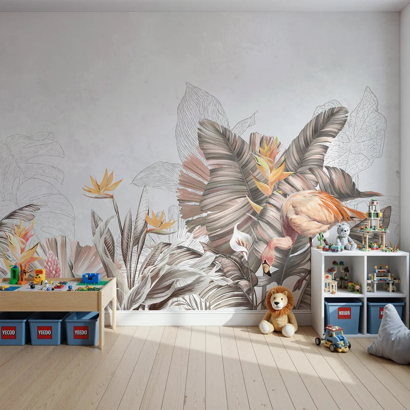 Front view of Whimsy Tots' Tropical Flamingo Garden Wall Mural